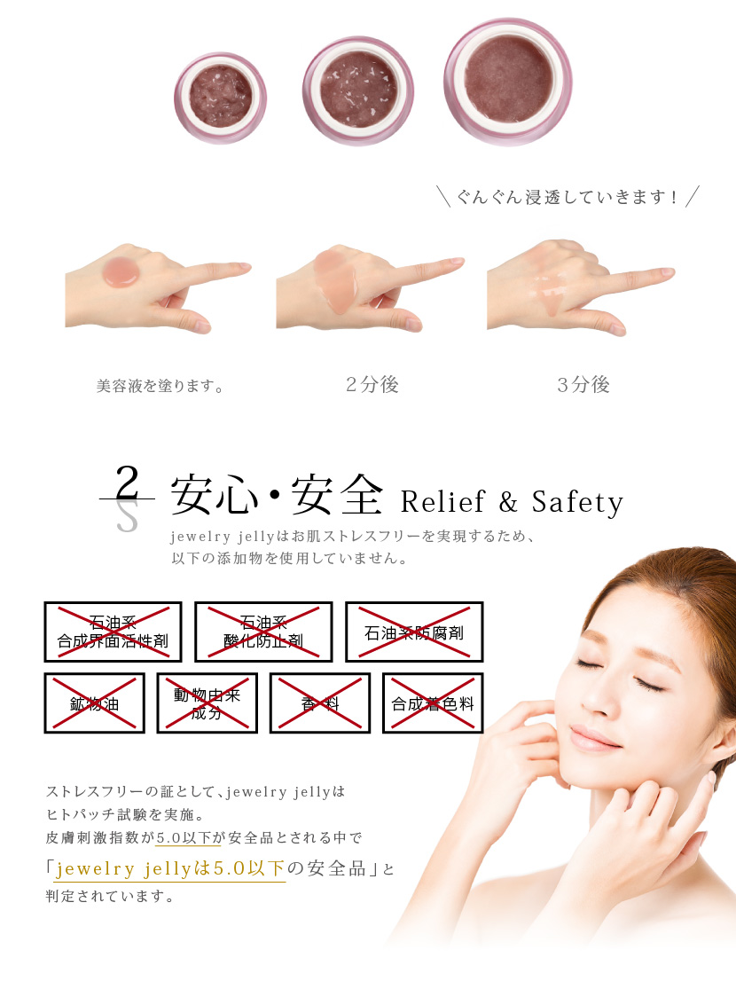お肌ストレスフリーで安心・安全　ヒトパッチ試験で「jewelry jellyは皮膚刺激指数5.0以下の安全品」と判定されてます